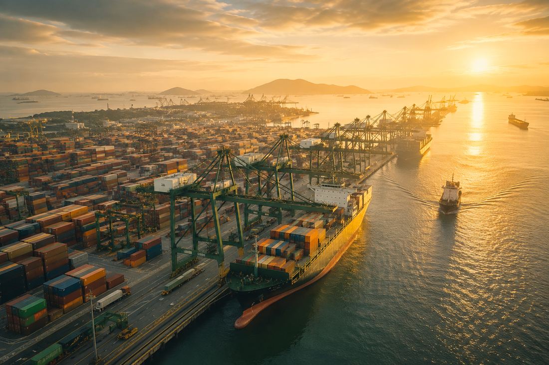 Container port at sunrise