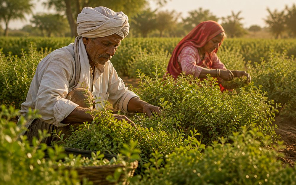 Growers hand-picking henna leaf near Sojat City