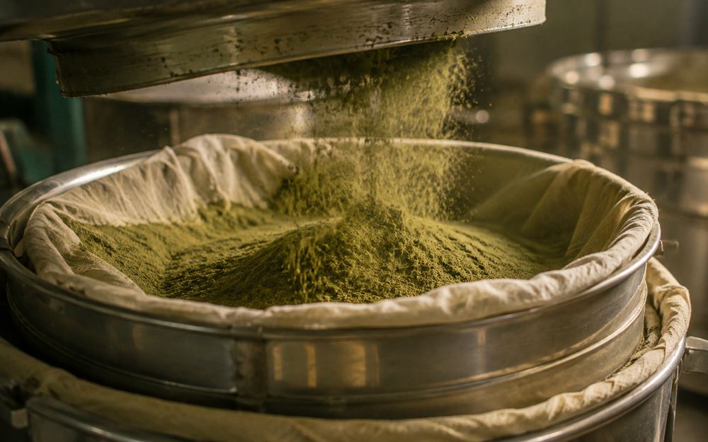 Henna powder being multi-cloth filtered